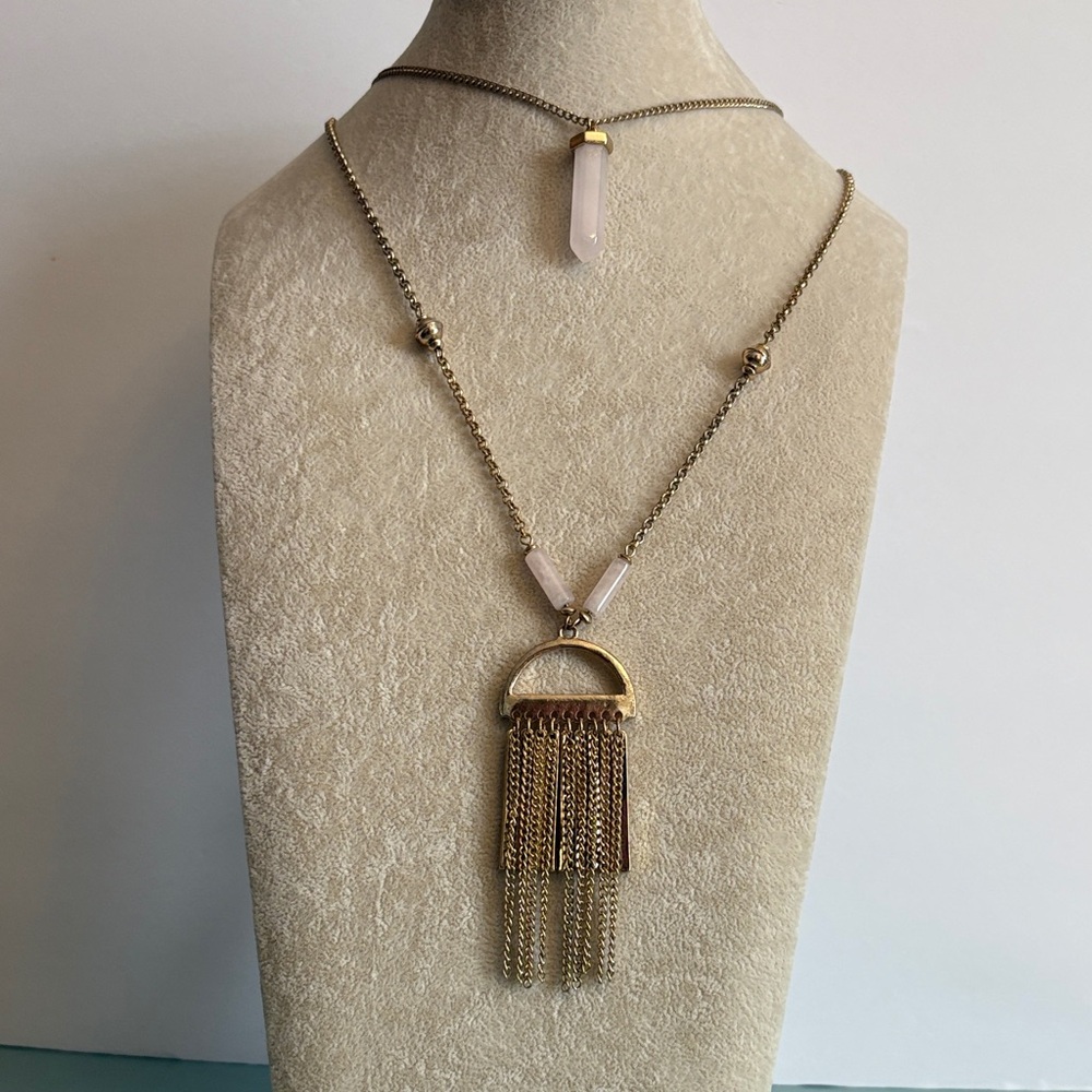 Gold-Tone Rose Quartz Stone Layered Tassel Necklace - Picture 2 of 9